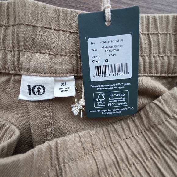 Tentree Men's XL Hemp Stretch Chino Pants Large Khaki Drawstring NWT Cuffed - Picture 6 of 8